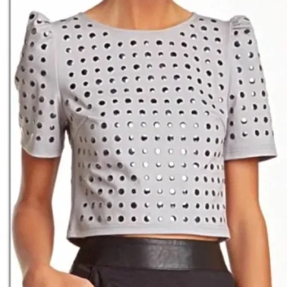 Stella & Jamie Studded Gray Puff Sleeve Crop Top Size XS X-Small NWOT - Picture 2 of 11